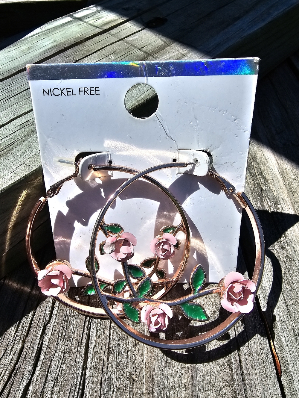 Rose Gold Floral Hoop Earrings Pink Rose Green Leaf Nickel Free NWT - Picture 3 of 10
